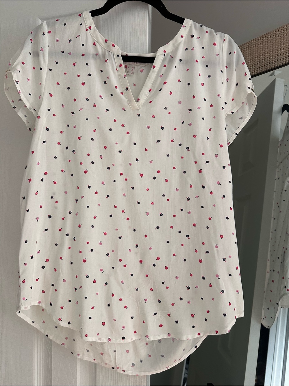 Esprit White V-Neck Short Sleeve Blouse with Pink and Black Floral Dots